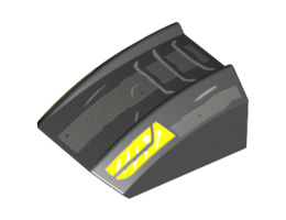 Slope, Curved 2 x 2 Lip with Silver Vents and Yellow Hood Latches Pattern: {черен}