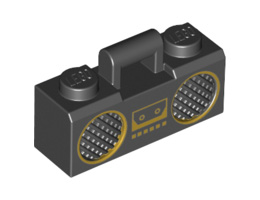 Minifigure, Utensil Radio Boom Box with Handle with Gold Cassette Player, Buttons and Rimmed Speakers Pattern : {черен}