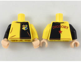 Torso Jersey with Black on Left with Hogwarts Crest, Red Diggory and Star on Back Pattern / Yellow Arm Left / Black Arm Right / Light Nougat Hands : {ярко жълт}