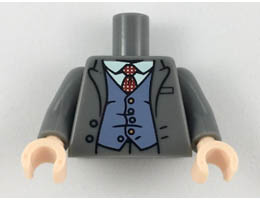 Torso Jacket, White Shirt, Red Tie with White Spots, Sand Blue Vest Pattern / Dark Bluish Gray Arms / Light Nougat Hands: {тъмно каменно сив}