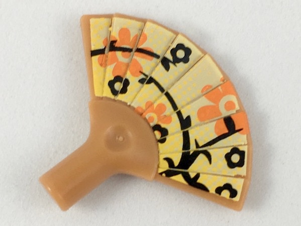 Minifigure, Utensil Hand Fan with Black and Orange Flowers and Yellow Dots on Bright Light Yellow Background Pattern: {умерен нуга}