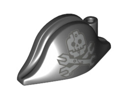 Minifigure, Headgear Hat, Pirate Bicorne with Silver Minifigure Skull with Half Mask and Wrenches Crossbones Pattern: {черен}