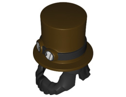 Minifigure, Hair Combo, Hair and Beard with Top Hat Large with Band with Goggles Pattern: {тъмно кафяв}