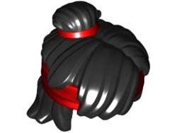 Minifigure, Hair Mid-Length Tousled, Top Knot Bun with Red Band and Headband Pattern: {черен}