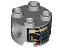 Brick, Round 2 x 2 with Pin Holes with Dark Tan, Red and Silver Robot Pattern (R1-J5): {умерено каменно сив}