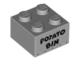 Brick 2 x 2 with Black 'POTATO BIN' Pattern: {умерено каменно сив}