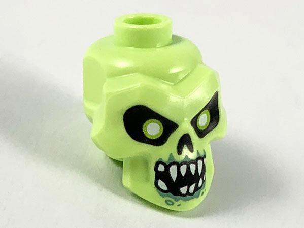 Minifigure, Head Modified Skull with Black Eyes, Nose, Mouth, White Pupils, Teeth and Sand Green Around Mouth Pattern: {пролетно жълто-зелен}