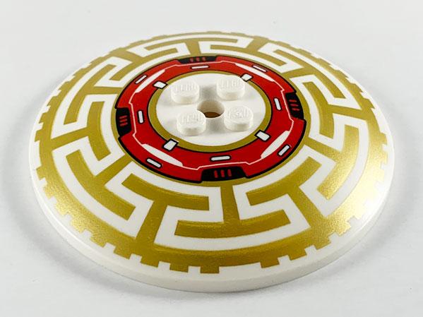 Dish 8 x 8 Inverted (Radar) with Red Machinery in Center and Gold Asian Geometric Pattern: {бял}
