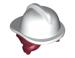 Minifigure, Hair Combo, Hair with Hat, Side Bangs and Bun with White Fire Helmet Pattern: {нов тъмно червен}