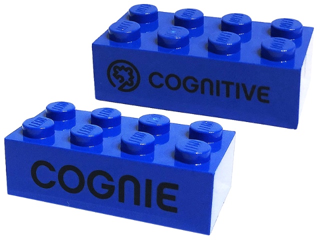 Brick 2 x 4 with Black 'COGNITIVE' and 'COGNIE' Pattern on Opposite Sides (Play Day 2019): {ярко син}