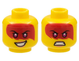 Minifigure, Head Dual Sided Female, Large Red Tattoo, Magenta Eyes, Peach Lips, Smile / Scowl Pattern (Harumi) - Hollow Stud: {ярко жълт}