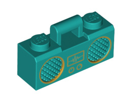 Minifigure, Utensil Radio Boom Box with Handle with Gold Sound Wave Display and Rimmed Speakers Pattern: {ярко синьо-зелен}