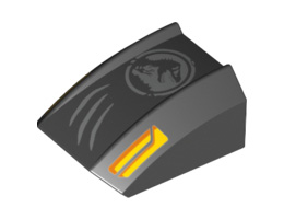 Slope, Curved 2 x 2 Lip with Orange and Yellow Headlights, Silver Scratches and Jurassic World Logo Pattern: {черен}