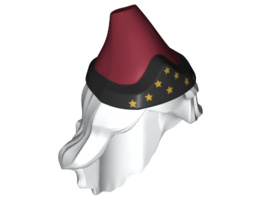 Minifigure, Hair Combo, Hat with Hair, Long and Wavy with Dark Red Pointed Hat, Black Band and Gold Stars Pattern: {бял}