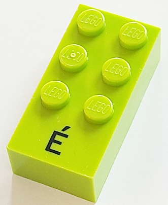 Brick, Braille 2 x 4 with 6 Studs with Black Capital Letter E with Acute (É) Pattern (dots-123456 ⠿) (French with Antoine Numbers): {ярко жълто-зелен}