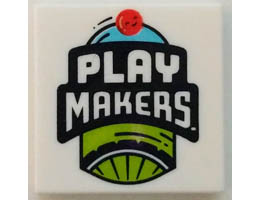 Tile 2 x 2 with Groove with Bicycle Wheel, Red Ball and PLAY MAKERS Logo Pattern: {бял}