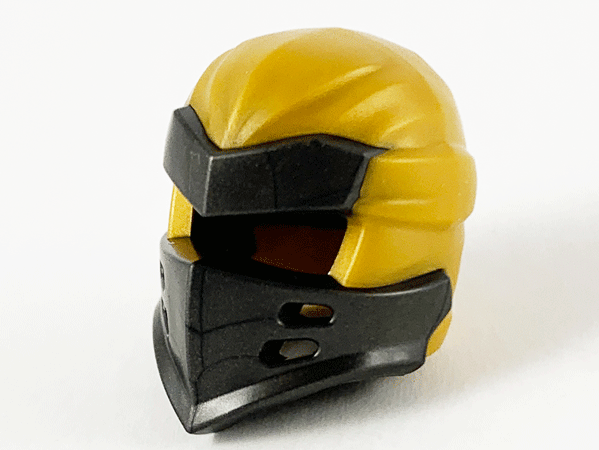 Minifigure, Headgear Ninjago Wrap Type 7 with 4 Slits on Front with Molded Pearl Dark Gray Armor Pattern: {топло златист}