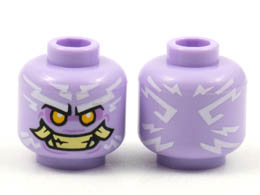 Minifigure, Head Alien White Tattoos, Bright Light Orange Eyes, Tan Teeth and Tusks Pattern - Hollow Stud: {лавандулов}