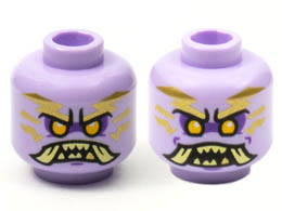 Minifigure, Head Dual Sided Gold Tattoos, Bright Light Orange Eyes, Tan Teeth and Tusks, Closed Mouth / Open Mouth Pattern - Hollow Stud : {лавандулов}