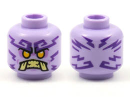 Minifigure, Head Alien Medium Lavender Tattoos, Bright Light Orange Eyes, Tan Teeth and Tusks Pattern - Hollow Stud: {лавандулов}