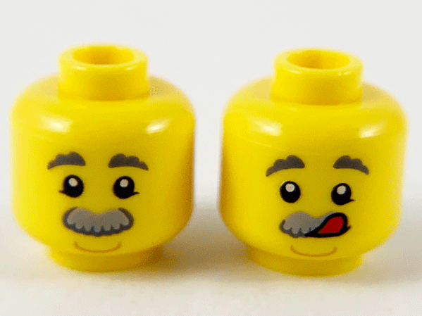Minifigure, Head Dual Sided Dark Bluish Gray Eyebrows, Light Bluish Gray Bushy Moustache, Neutral / Licking Lips Pattern - Hollow Stud: {ярко жълт}