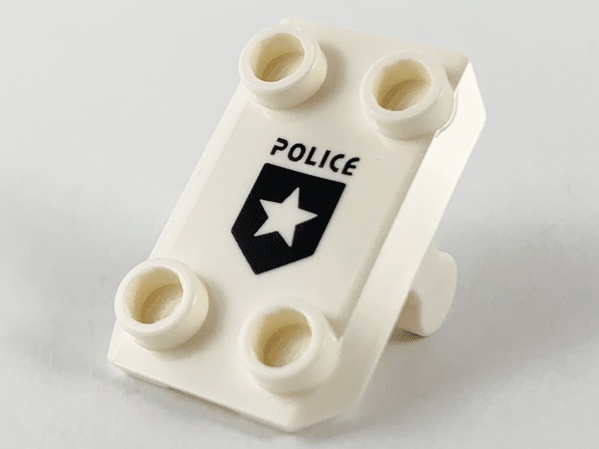 Plate, Modified 2 x 3 Inverted with 4 Studs and Bar Handle on Bottom (Rocker Plate) with Black 'POLICE' and Shield with Star Pattern: {бял}