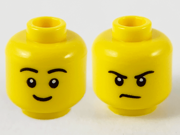 Minifigure, Head Dual Sided Black Eyebrows, Grin / Frown Pattern - Hollow Stud: {ярко жълт}