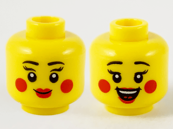 Minifigure, Head Dual Sided Female Black Eyebrows, Eyelashes, Red Lips and Circles on Cheeks, Grin / Open Mouth Smile with Top Teeth and Tongue Pattern - Hollow Stud: {ярко жълт}