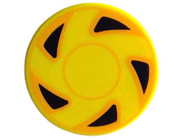 Tile, Round 2 x 2 with Bottom Stud Holder with Hubcap with Circles and 5 Black Triangles with Bright Light Orange Edges Pattern: {ярко жълт}