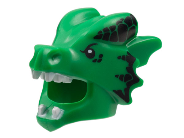 Minifigure, Headgear Head Cover, Costume Dragon with Black Eyes and Scales, White Teeth Pattern: {тъмно зелен}
