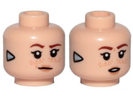 Minifigure, Head Dual Sided Female, Dark Orange Eyebrows, Freckles, Lips, Silver Triangle (Focus) on Sides, Smile / Open Mouth Pattern - Hollow Stud : {светло нуга}