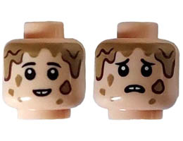 Minifigure, Head Dual Sided Child Male, Black Eyebrows, Dark Tan Mud Drops, Scared / Terrified Pattern - Hollow Stud: {светло нуга}
