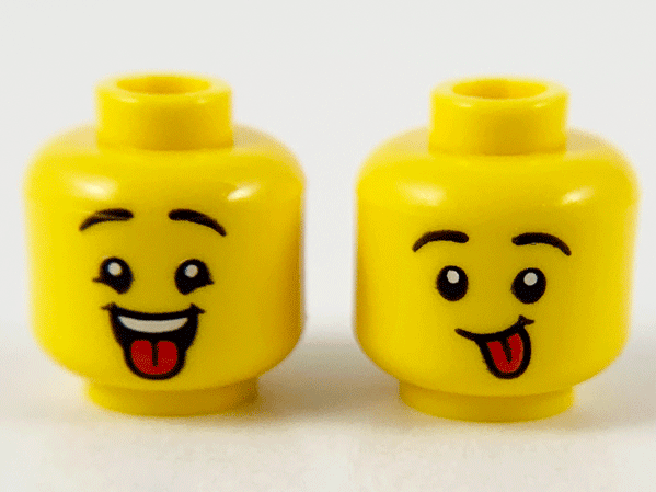 Minifigure, Head Dual Sided Child Black Eyebrows, Open Mouth with Red Tongue / Red Tongue Sticking Out Pattern - Hollow Stud: {ярко жълт}