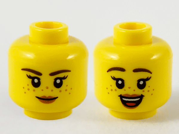Minifigure, Head Dual Sided Female Dark Brown Eyebrows, Medium Nougat Freckles, Peach Lips, Neutral / Open Smile Pattern - Hollow Stud: {ярко жълт}