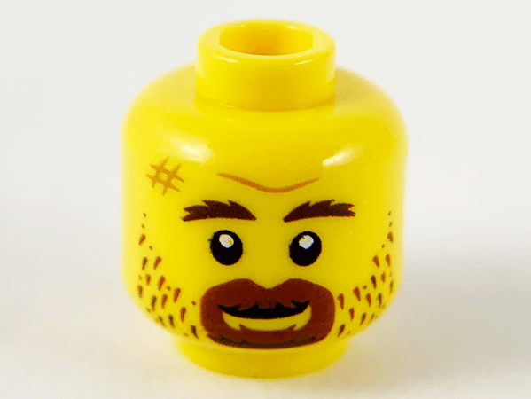 Minifigure, Head Reddish Brown Eyebrows, Goatee, and Stubble, Medium Nougat Scuff Mark, Furrowed Brow, Grin Pattern - Hollow Stud: {ярко жълт}