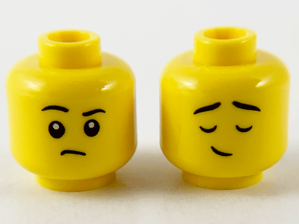 Minifigure, Head Dual Sided Child Black Eyebrows, Raised Right Eyebrow / Eyes Closed Raised Eyebrows Pattern - Hollow Stud: {ярко жълт}