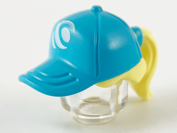 Minifigure, Hair Combo, Hair with Hat, Ponytail with Molded Medium Azure Ball Cap and Printed White Wave Logo Pattern: {студено жълт}