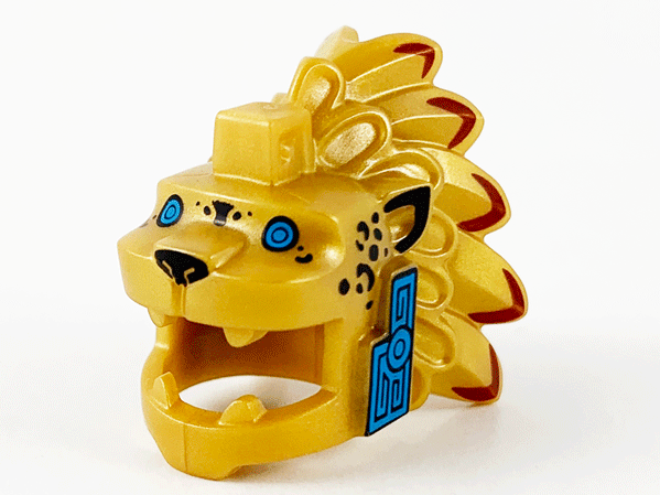 Minifigure, Headgear Head Cover, Costume Aztec Jaguar Warrior with Dark Azure Eyes and Cheeks Pattern: {топло златист}