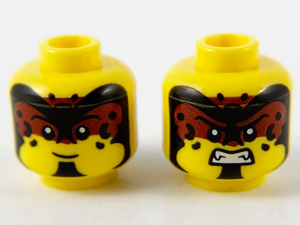 Minifigure, Head Dual Sided Black and Dark Red Forehead Makeup, Black Spots and Chin, Grin / Fierce with Fangs Pattern - Hollow Stud: {ярко жълт}