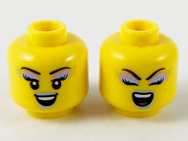 Minifigure, Head Dual Sided Female, Metallic Light Blue and Purple Eye Shadow and Lips, Open Smile / Singing Eyes Closed Open Mouth Pattern - Hollow Stud: {ярко жълт}