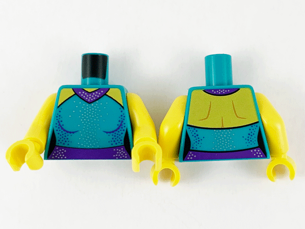 Torso Female Outline Dress, Yellow Shoulders, Dark Purple Collar and Belt, Silver and Dark Purple Dots Pattern / Yellow Arms / Yellow Hands: {ярко синьо-зелен}