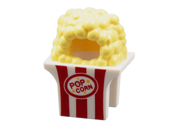 Minifigure, Headgear Head Cover, Costume Popcorn Box with Red Stripes and 'POPCORN' Pattern: {бял}
