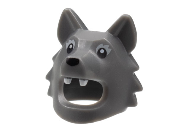 Minifigure, Headgear Head Cover, Costume Wolf / Dog with Black Eyes and Nose and White Teeth Pattern: {тъмно каменно сив}