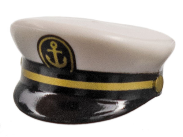 Minifigure, Headgear Cap, Captain with Sailor Black Visor, Gold Braid and Anchor Pattern: {бял}