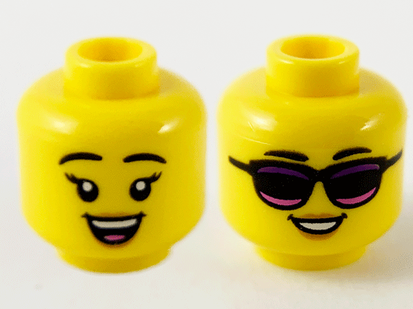 Minifigure, Head Dual Sided Female, Black Eyebrows, Peach Lips, Open Smile / Sunglasses with Dark Purple and Dark Pink Stripes Pattern - Hollow Stud: {ярко жълт}
