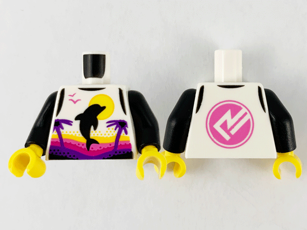 Torso Female Wetsuit with Yellow Sun, Black Dolphin, Dark Purple Palm Trees, Dark Pink Logo on Back Pattern / Black Arms / Yellow Hands: {бял}