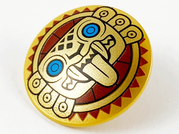 Minifigure, Shield Circular / Round Convex Face with Gold Jaguar Face on Dark Red Sun Background Pattern: {топло златист}