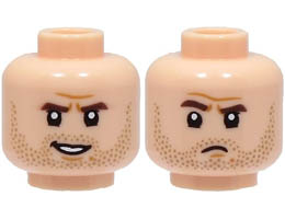 Minifigure, Head Dual Sided Dark Brown Eyebrows, Dark Tan Stubble Beard, Medium Nougat Chin Dimple, Lopsided Open Mouth Smile / Frown Pattern - Hollow Stud : {светло нуга}