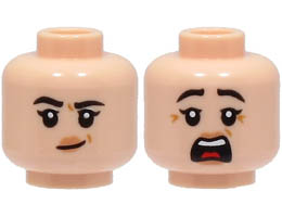 Minifigure, Head Dual Sided Female Black Eyebrows, Nougat Lips, Medium Nougat Dimples, Lopsided Grin / Scared with Open Mouth Pattern - Hollow Stud : {светло нуга}