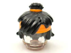 Minifigure, Hair Mid-Length Tousled, Top Knot Bun with Orange Band and Headband Pattern: {черен}